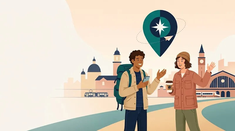 Two travelers greet each other in front of a city skyline, under a large map pin with a compass star