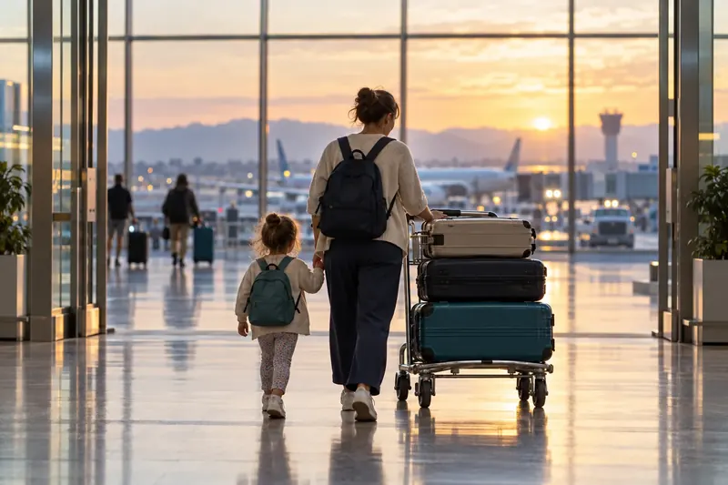 A parent and a young child walk through an airport hall at sunrise with a trolley of three suitcases