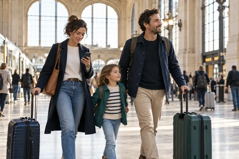 A family walks through a bright train station with their suitcases