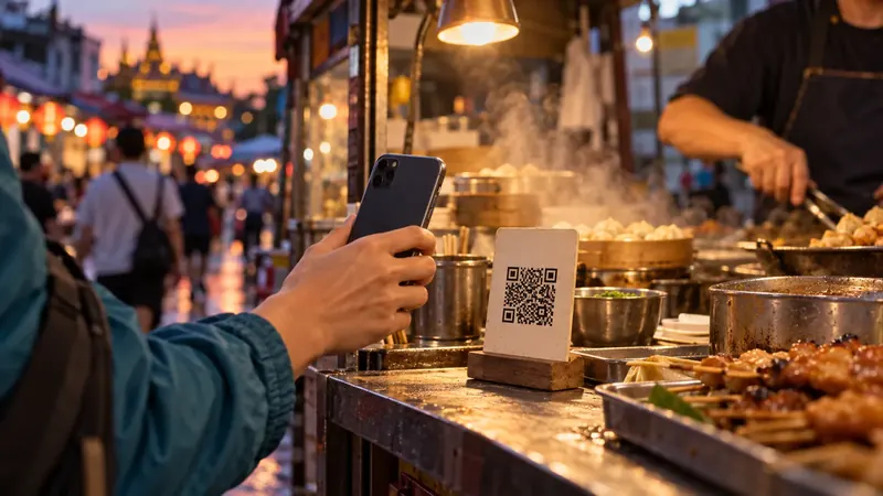 A traveler scans a QR code to pay at a street food stall at dusk